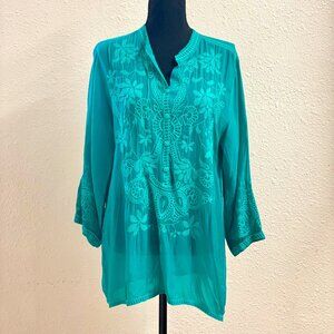 Johnny Was Lusana Turquoise Embroidered Semi-Sheer Georgette Blouse/Tunic